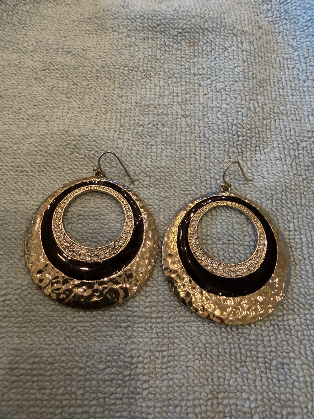 Gold-Tone Hoop Earrings with Black Enamel and Crystal Accent